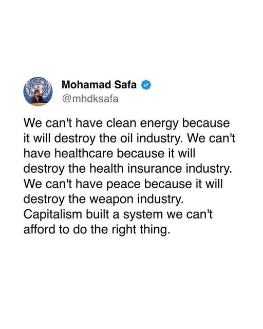Mohamad Safa
@mhdksafa

We can't have clean energy because
it will destroy the oil industry. We can't
have healthcare because it will
destroy the health insurance industry.
We can't have peace because it will
destroy the weapon industry.
Capitalism built a system we can't
afford to do the right thing.
