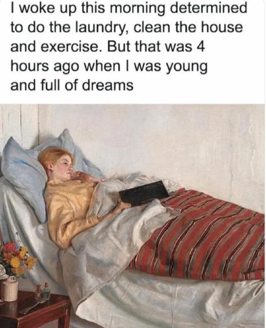 A digital image featuring black text at the top over a painting. The text reads, "I woke up this morning determined to do the laundry, clean the house and exercise. But that was 4 hours ago when I was young and full of dreams". The painting depicts a person with light-colored hair lying in a bed propped up by blue pillows, wearing a yellow long-sleeved shirt. The person holds a dark, rectangular object and is covered by white bedding and a red and brown striped blanket. In the lower-left corner, a small table holds a vase of flowers and small bottles.