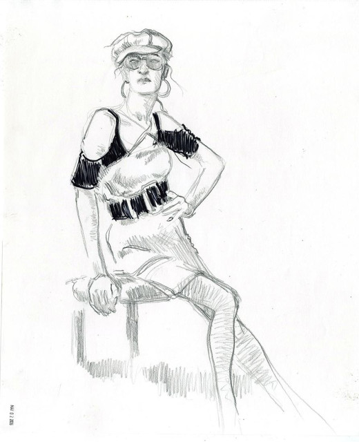 Pencil and pen drawing of woman in fashion pose with cap, sunglasses, dress, hand on hip, seated