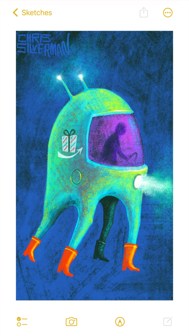 A person pilots an unusual delivery vehicle through the dark. The vehicle is an iridescent green and looks like a space helmet mounted on four legs. Each leg has an orange cowboy boot on it. The windshield of the vehicle is purple, and the driver is silhouetted behind it. On the side of the vehicle is a small round hatch, perhaps a fuel port, and a logo of a gift with a curved arrow under it. The vehicle has two antennae with glowing white lights on them, and a single round headlight that casts an intense white-green beam. The painting is signed "Chris Silverman".