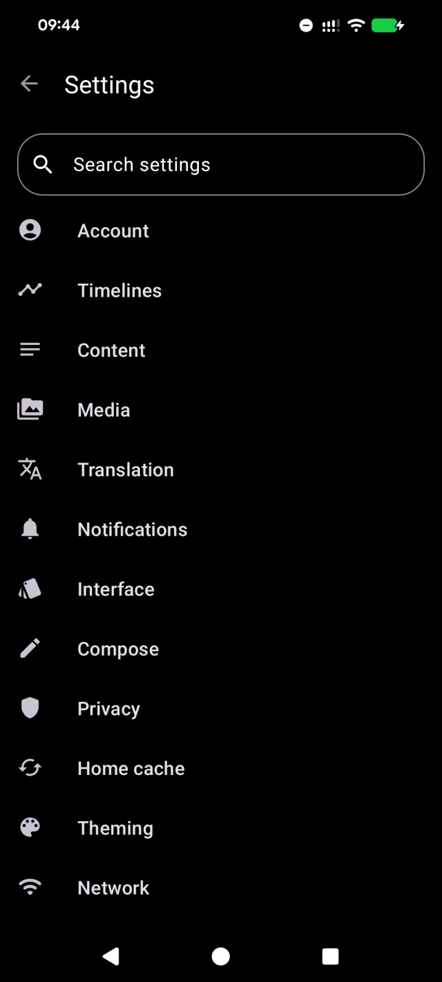 Fedilab settings screen with the new search bar at the top, followed by the list of categories. Some categories are new.