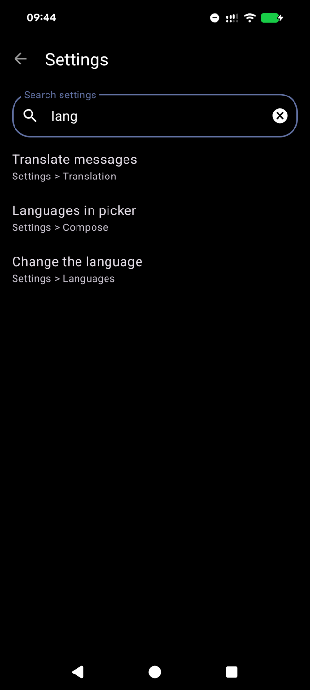 Fedilab settings search in action. The query "lang" returns three results with their breadcrumb: Translate messages (Settings > Translation), Languages in picker (Settings > Compose), Change the language (Settings > Languages).