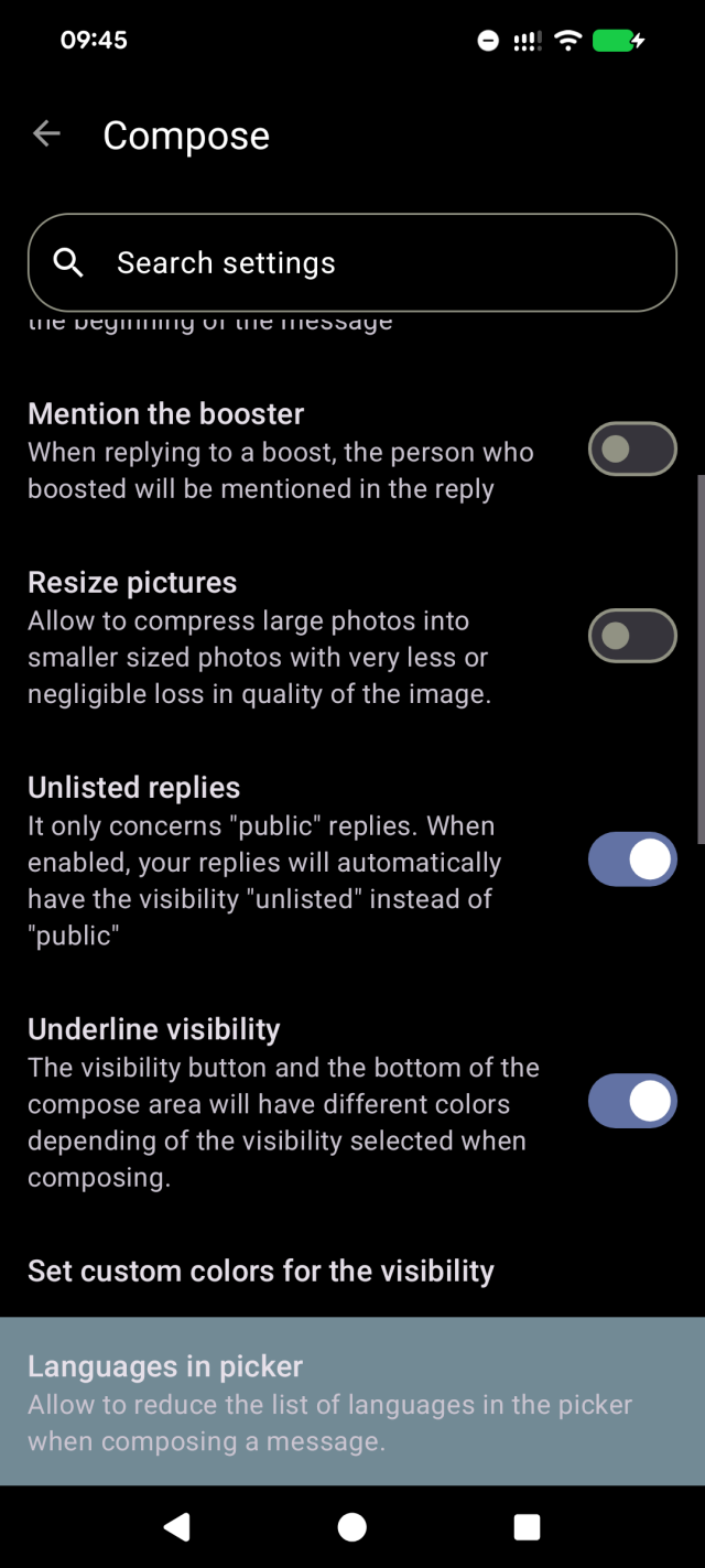 Fedilab Compose settings. The "Languages in picker" item is highlighted after being tapped from the search results.