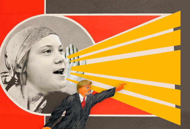 Alexander Rodchenko's classic Russian constructivist 'books' advertising poster; Lilya Brik's face has been replaced with Greta Thunberg's, and instead of shouting the word 'books,' a spray of geometric sunbeams are emanating from her mouth. Superimposed and beneath her is a Soviet propaganda poster of a furiously pointing Lenin. Lenin's skin is Cheeto orange and he wears a straw-yellow Trump wig.

Image:
Stefan Müller (climate stuff) (modified)
https://commons.wikimedia.org/wiki/File:Greta_Thunberg_spricht_beim_Klimastreik_vor_dem_Reichstag_(51512266778).jpg

CC BY 2.0
https://creativecommons.org/licenses/by/2.0/deed.en
