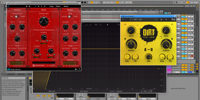A screenshot of the DAW Ableton Live opened in a Linux environment through the compatibility layer Wine. On the screen is 3 different plugin windows, Subsynth by Brainworx/Plugin Alliance, Dirt by Native Instruments and Pro Q3 from Fabfilter.