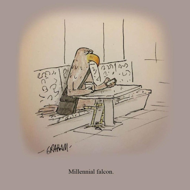 A cartoon illustration of a large falcon sitting at a cafe table checking its phone while holding a to go coffee. Caption reads "Millennial falcon."