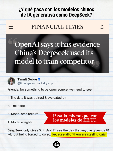 • ¿Y qué pasa con los modelos chinos de IA generativa como DeepSeek?

Pasa lo mismo que con los modelos de EE.UU.

https://www.instagram.com/p/DXvnX92Dmer/?img_index=7