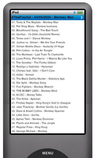 The tracks played on this episode, presented on the screen of a comically elongated iPod The songs are: 01. Toots & The Maytals - Monkey Man 02. Pet Shop Boys - Monkey business 03. Bloodhound Gang - The Bad Touch 04. Gorillaz - 19-2000 (Soulchild Remix) 05. Tones and I - Dance Monkey 06. Justice vs. Simian - We Are Your Friends 07. Simian Mobile Disco - Audacity Of Huge 08. Phil Collins - In the Air Tonight 09. The Monkees - Last Train To Clarksville 10. Louis Prima, Phil Harris - I Wanna Be Like You 11. The Goodies - The Funky Gibbon 12. Rodrigo y Gabriela - Hanuman 13. Chimpo feat. Sålo - I Don't Care 14. dodie - Human 15. The Black Dahlia Murder - Statutory Ape 16. Die Spitz - Monkey Song 17. Foo Fighters - Monkey Wrench 18. THE BOBBY LEES - Monkey Mind 19. AC/DC - Money Talks 20. The Kinks - Apeman 21. Findlay Napier - King Kong's Visit to Glasgow 22. Jake Thackray - Brother Gorilla (Le Gorille) 23. Dave & Ansell Collins - Monkey Spanner 24. Little Simz - Gorilla 25. Aphex Twin - Monkey Drummer 26. Plants and Animals - The Jungle 27. Regular Fries - King Kong 28. George Michael - Monkey