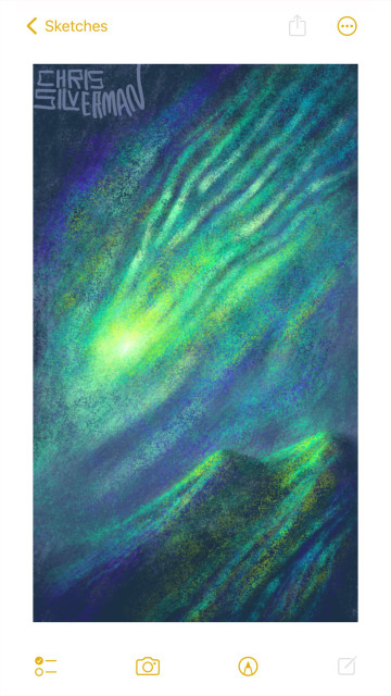 A comet, or some immeasurable celestial object, blazes down through the dark clouds towards a mountain range. It occupies nearly the entire sky: a glowing green flash trailing rivulets of greenish blue flame. The fringes are indigo. The mountain range reflects this color scheme: again, a mix of bright green and violet. The painting is signed "Chris Silverman".