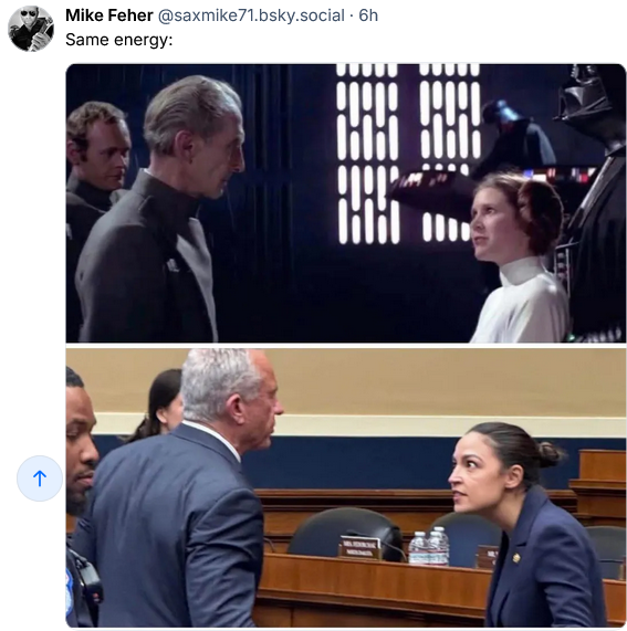 Mike Feher on Bsky says "Same energy:"
On the top, that imperial officer that Vader chokes later on is harassing Leia, and she's looking at him totally unimpressed.

On the bottom, AOC is giving the most WTF look humanly possible to RFK Jr on the floor of the House