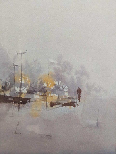 Watercolor painting of a  misty evening along Mystic River in Connecticut. A soft background of trees lies on the horizon below an overcast sky and above the still water of the river, all painted in a limited pallet of purple-gray. Cutting through the middle, to the left, are scattered orange lights forming harder edges against the white of the paper, white dark brown shapes of docks, poles and wires litter the foreground just below the horizon.
