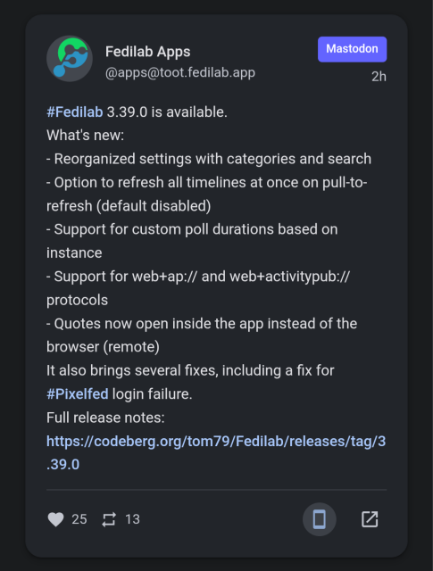 Post from Holos Discover with a new phone-shaped button at the bottom right that opens the link in compatible apps.