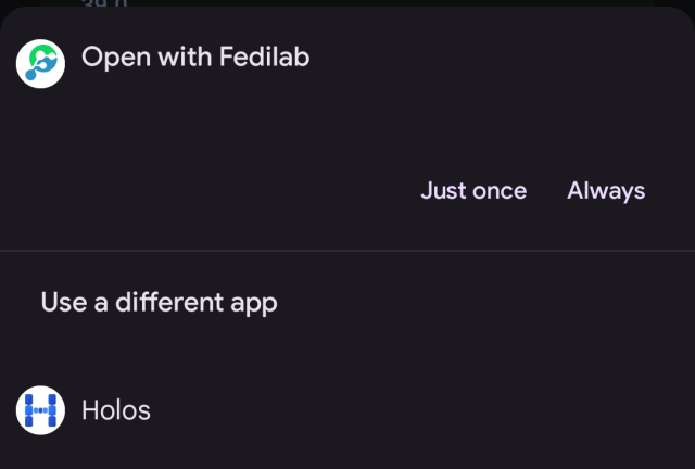 Android "Open with" dialog showing both Fedilab and Holos as available handlers.