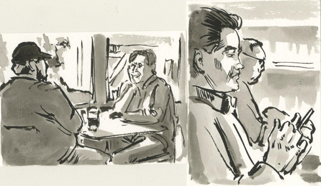 2 postcards with ink sketches of people at a coffee shop. 