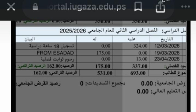 A picture of the university page showing the remaining tuition fees that must be paid.