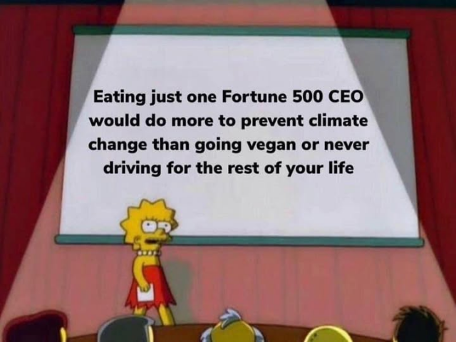 Eating just one Fortune 500 CEO would do more to prevent climate change than going vegan or never driving for the rest of your life.