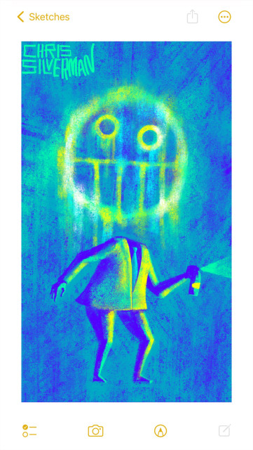A headless person wearing a suit and tie stands in a dark blue space. They are lit yellow from the front, but the light source is not visible. The person is holding out a spray can, spraying neon green paint. Above the person, where their head would be, is a giant spray painted face, hovering in the air. The face is rough and spray-painted, rendered in shades of white, yellow, blue, and neon green. It is barely an emoji, with two round, staring eyes and a wide toothy mouth. The painting is signed "Chris Silverman".