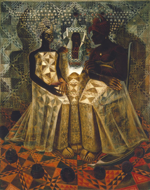 Three abstract figures in patterned gowns sit amid geometric shapes and star motifs, with warm light illuminating the scene. Each figures' hands are intertwined with string, which is connected to a large spool and which they each also bite with their teeth. The image is heavy with textile motifs of quilts and fabric.
