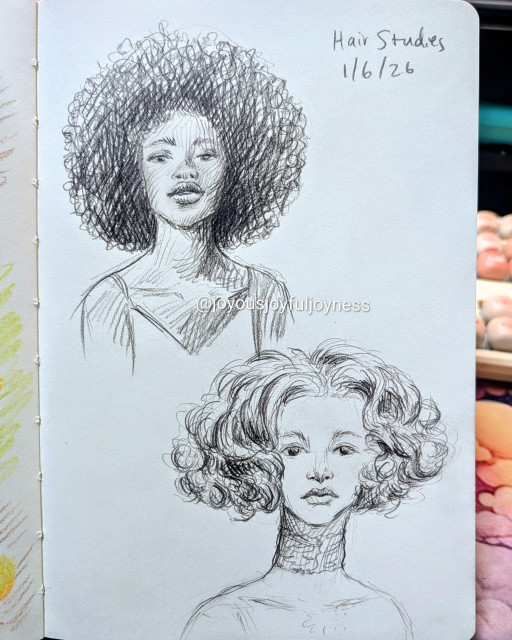 Sketchbook page of two pencil drawings and the text Hair Studies 1/6/26. The top left drawing is an African American woman with a large afro and looking at the viewer. She is wearing a tank top. The bottom right drawing is of a Caucasian woman with a curly bob looking at the viewer. She has a lacy choker.