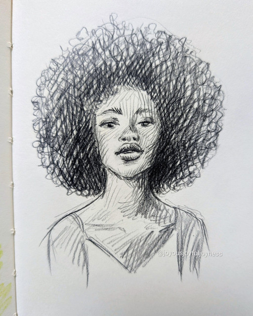 Sketchbook page of a pencil drawing of an African American woman with a large afro and looking at the viewer. She is wearing a tank top.