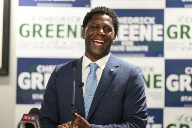 Chedrick Greene, Democratic candidate for 35th Senate District, speaks Tuesday, May 5, 2026 in Saginaw, Mich. (AP Photo/Paul Sancya)