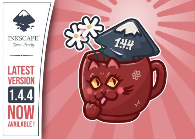 A pink/red mug shaped like a cute and a bit mischievous cat, viewed from the side. Some flowers and the Inkscape logo (1.4.4 text within) peek out from inside the mug