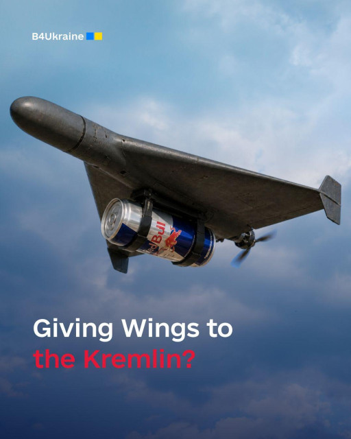 B4Ukraine ad: Drone with Red Bull cans attached, text 'Giving Wings to the kremlin?' against a cloudy sky.