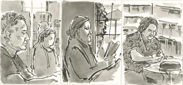 3 postcards of ink drawings with brush depicting people in profile at coffee shop