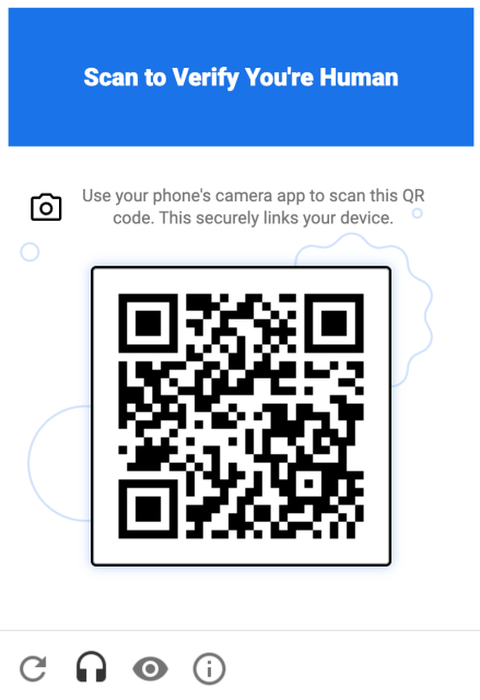 google recaptcha prompt titled "scan to verify you're human". the user is instructed to use their phone's camera app to scan the below QR code.