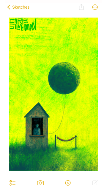 A rocky sphere of a planet hovers like a balloon in a bright yellow sky. The planet is tethered to a small booth with a window, like those guard stations you see in parks. A path leads up to the booth, and is then blocked by a barricade. The booth sits in the middle of a green meadow. Someone is dimly visible in the window. The painting is signed "Chris Silverman".