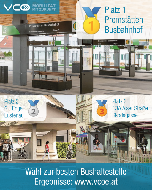Sujet zum Ergebnis der Wahl  zur besten Bushaltestelle:  Oben ein Bild von Premstätten Busbahnhof und Text "Platz 1" darunter Fotos von  zwei weiteren Haltestellen. Links "Platz 2 "GH Engel in Lustenau" , rechts  "Platz 3 13A Station Alserstraße / Skodagasse"
