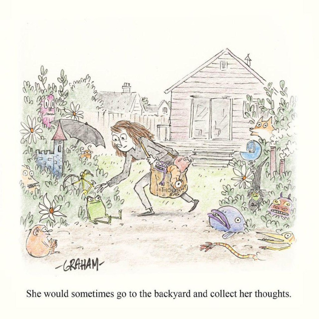 A cartoon illustration of a woman with a shoulder bag, filling it with random creatures and items in her backyard, Caption reads "She would sometimes go to the backyard and collect her thoughts."