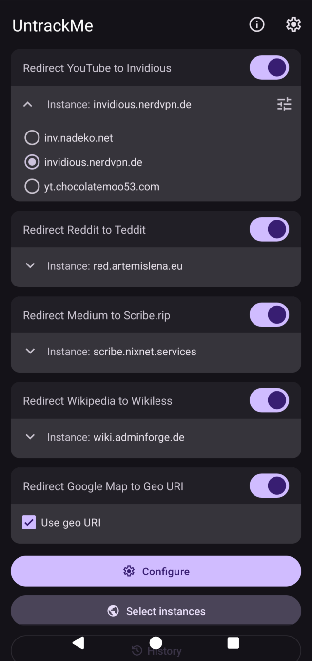 Home with Material Design 3 toggles for each redirect (YouTube, Reddit, Medium, Wikipedia, Maps), instance picker expanded on Invidious.