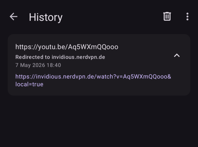 URL history showing a youtu.be link redirected to invidious.nerdvpn.de, with timestamp and final destination.