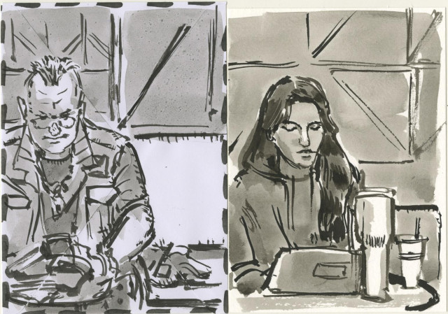2 ink and brush drawings. One on an envelope with man wearing mohawk and jeans vest and jewelry. On postcard a young woman looking at laptop. 