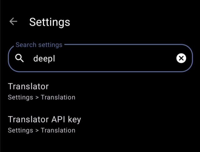Screenshot of Fedilab's Settings screen. The search bar contains the word "deepl" and shows two results: "Translator" and "Translator API key", both located in Settings > Translation.