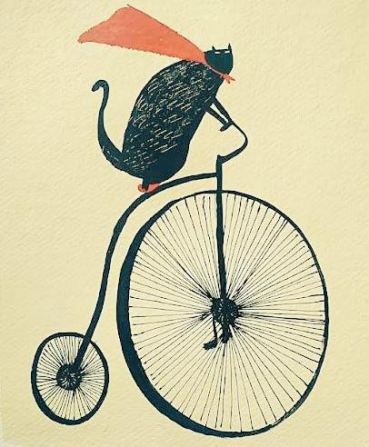 A black cat in a red cape riding a penny-farthing bicycle, created using acrylic and ink.