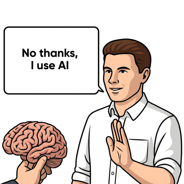 A human holding up their hand to a brain saying, “No thanks, I’ll use AI” 