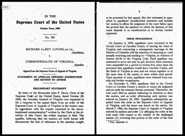 A two-page spread from a legal filing in Loving v. Commonwealth of Virginia, Supreme Court of the United States, October Term 1966, Case No. 395. The left page shows the cover of the Commonwealth of Virginia's Statement of Appellee Opposing Jurisdiction and Motion to Affirm, with Richard Perry Loving listed as appellant. The right page contains the opening of the Prior Proceedings section, describing the Lovings' 1959 conviction in Caroline County for contracting a marriage across racial lines and returning to Virginia, their suspended sentences, and the subsequent procedural history of their appeal. The document is a scanned microfilm copy.