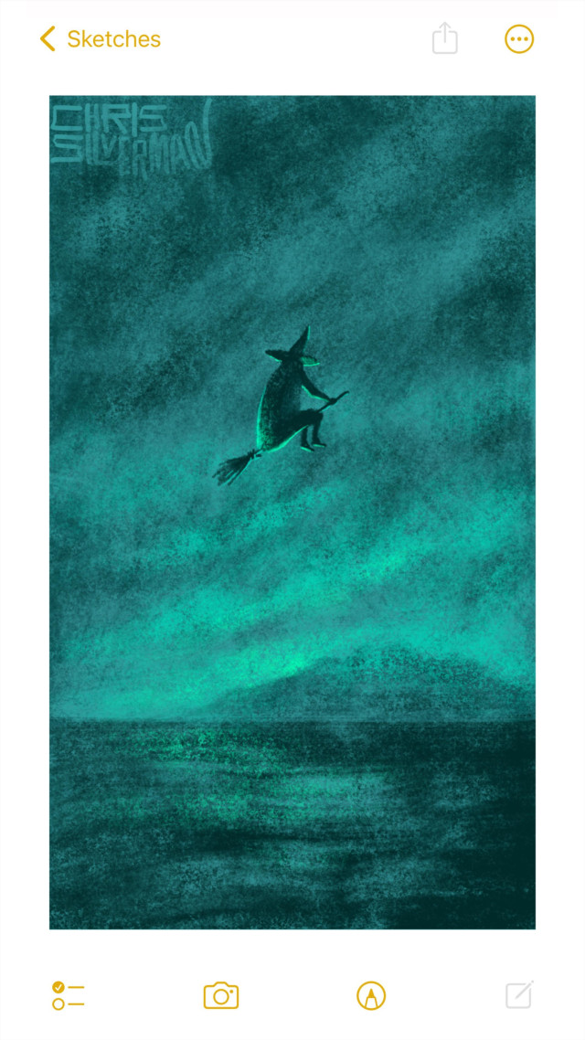 An ocean with a land mass in the distance, heavily shrouded in fog and clouds. What sunlight there is filters dully up from the horizon. The entire scene is in shades of eerie green. Flying over the ocean, lit from below, is a witch on a broomstick. The painting is signed "Chris Silverman".
