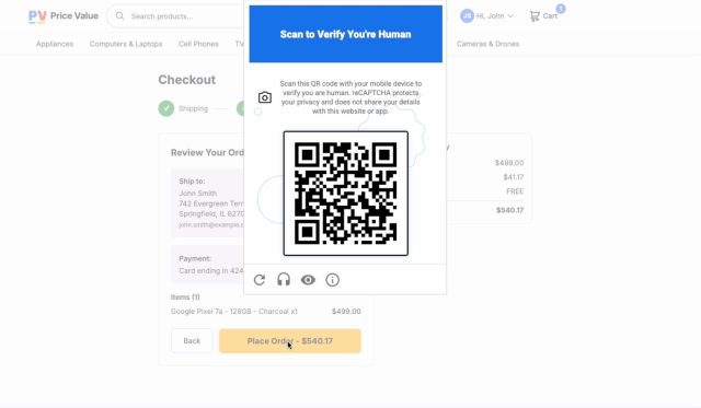 An image of a demo shop checkout page by Google, with ReCaptcha modal popup on top, instructing to "Scan to Verify You're Human"

There's only a QR code
