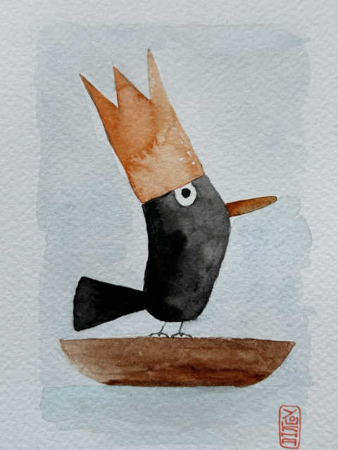 Watercolor illustration of a funny bird with a crown proudly standing on a boat