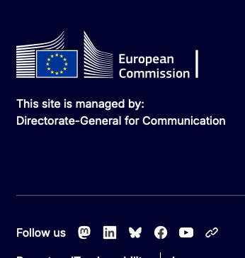 Screenshot from the page footer on EU Commission webpages. It shows Mastodon, LinkedIn, BlueSky, Facebook and Youtube links with their respective logos.