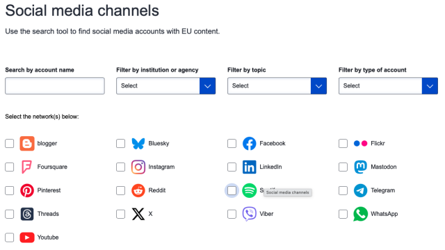 Social Media channels search page from the EU, allowing to filter for Mastodon accounts.