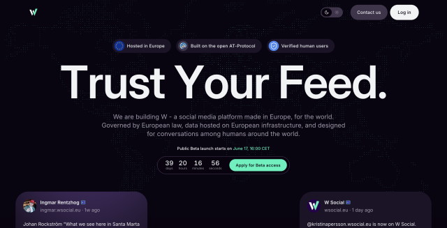 a screenshot of the W Social redesign with labels at the top stating "hosted in Europe" "built on the open AT-protocol" and "verified human users"