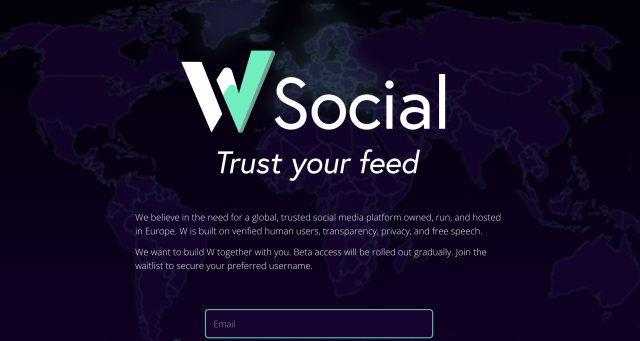 a screenshot of the old W Social homepage with minimal information and asking to register
