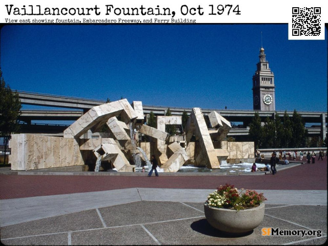 Vaillancourt Fountain 1974, with Embarcadero Freeway and Ferry Building