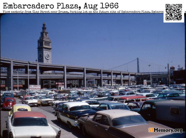 Parking lot on the site of Vaillancourt Fountain, 1966 with Embarcadero Freeway and Ferry Building