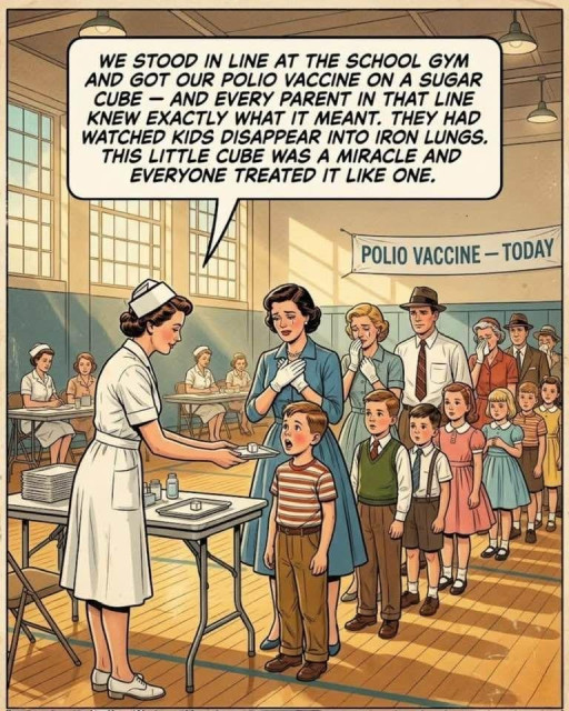 cartoon in 1950s style of children with their parents lining up to get a polio vaccine from a nurse 

WE STOOD IN LINE AT THE SCHOOL GYM
AND GOT OUR POLIO VACCINE ON A SUGAR CUBE - AND EVERY PARENT IN THAT LINE KNEW EXACTLY WHAT IT MEANT. THEY HAD WATCHED KIDS DISAPPEAR INTO IRON LUNGS.

THIS LITTLE CUBE WAS A MIRACLE AND
EVERYONE TREATED IT LIKE ONE.
POLIO VACCINE- TODAY
