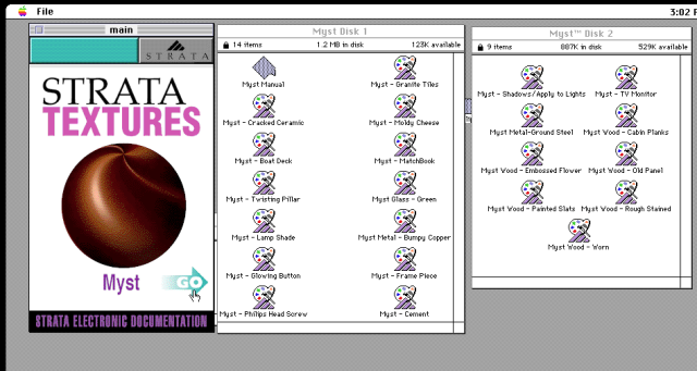 A copy of Strata Textures: Myst running in mac OS 7. It shows a dozen texture files mounted to the desktop, and a small library browser program running on the left.